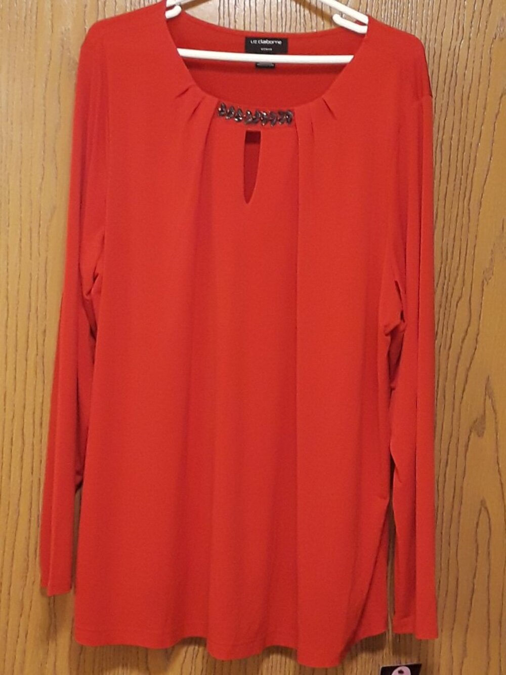 Liz Claiborne NWT 3X Red Top - Keyhole Jewel Gathered Neckline Long Sleeve